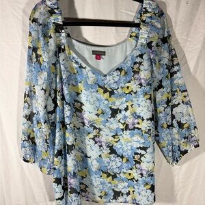Vince Camuto Floral Blouse in Blue, Yellow, and Black